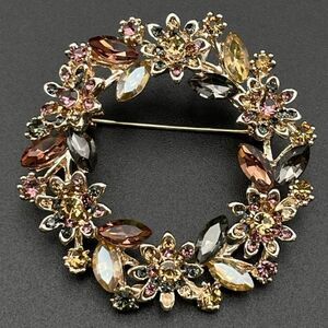 Rose Gold with Multicolored Crystal Floral Flower Leaf Wreath Pin Back Brooch